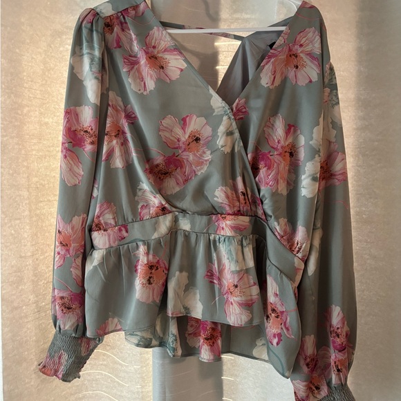 Floral V-Neck Blouse - Pink and Gray - Picture 1 of 5